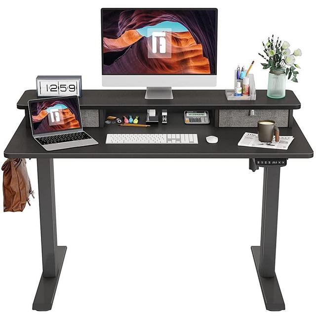 FEZIBO Height Adjustable Electric Standing Desk with Double Drawer, 48 x 24 Inch Stand Up Table with Storage Shelf, Sit Stand Desk with Splice Board, Black Frame/Black Top