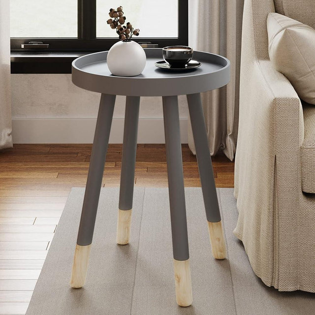 Round End Table - Wooden Mid-Century Modern Side Table with Tray Top and Two-Tone Color - Living Room Furniture by Lavish Home (Gray)