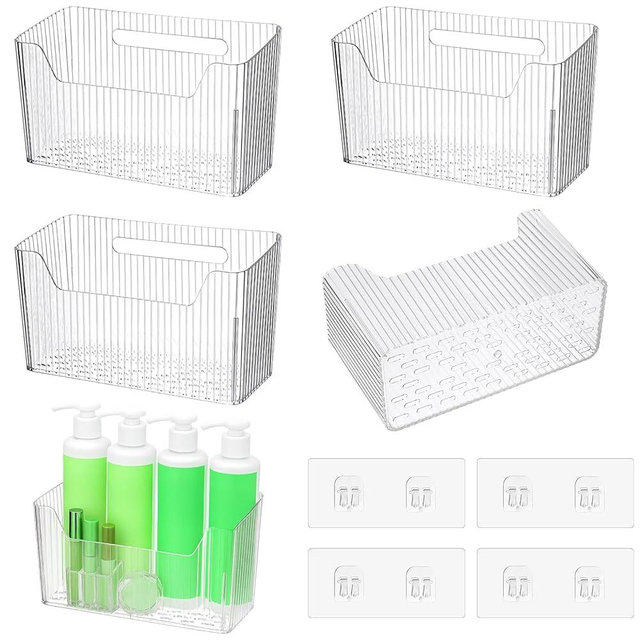 4-Pack Adhesive Cabinet Door Organizer Set, Clear Inside Cabinet Door Storage Bins with Drain Holes for Kitchen Bathroom Pantry Organization, Space-Saving Mountable Caddy