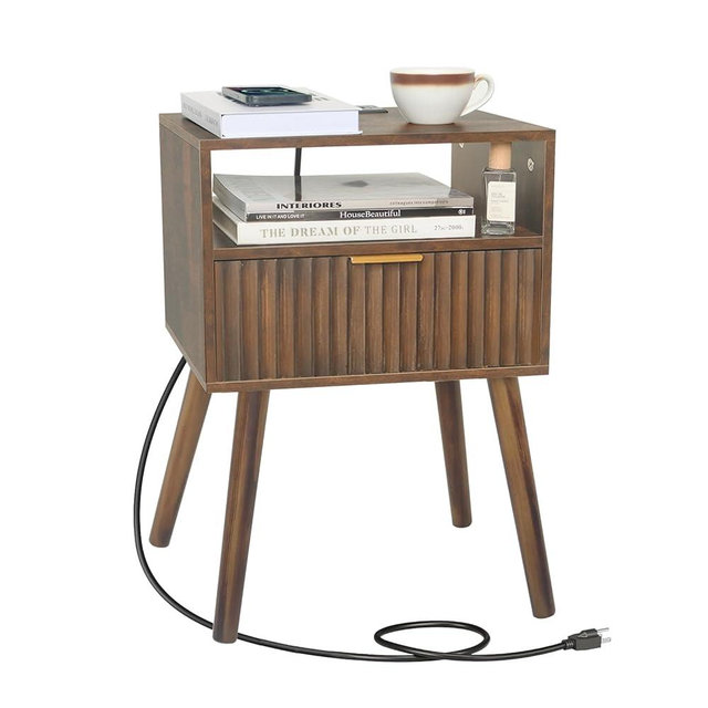 Fultyle Mid Cetury Modern Nightstand with Charging Station, Fluted Bedside Table with Storage, Modern Side End Table with Solid Wood Legs Living Room for Bedroom and Small Space (Rustic Brown)