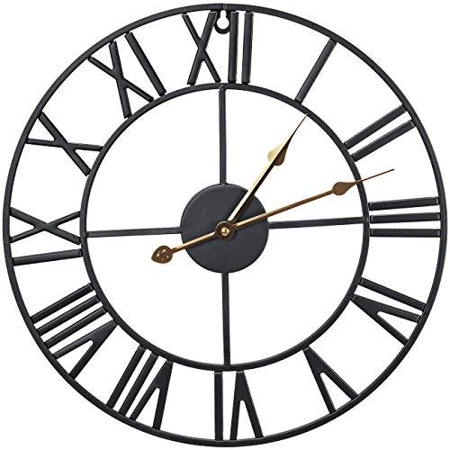 Sorbus Wall Clock, 16" Round Oversized Centurian Roman Numeral Style Home Décor Analog Black Metal Clock, Gold Hands (Black)