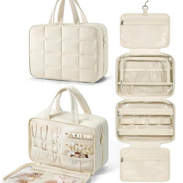 BAGSMART Travel Toiletry Bag with Jewelry Organizer, Hanging Travel Bag for Toiletries, Puffy Makeup Cosmetic Bag Organizer, Carry-on Travel Accessories Essentials, Beige-L