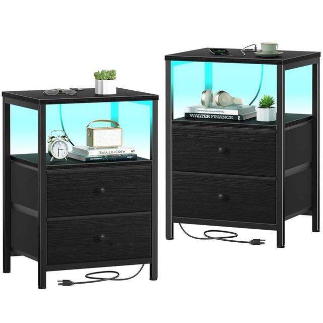 BOLUO Black Nightstands Set of 2, Bedroom Night Stand Set Two Nightstand with Charging Station and LED Light, Bedside Table with 2 Fabric Drawers Modern
