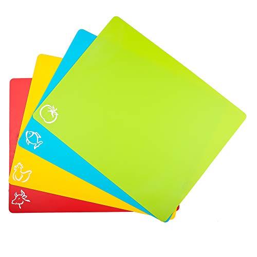 Carrollar Flexible Plastic Cutting Board Mats, Colored Mats With Food Icons, BPA-Free, Non-Porous, Gripped Back and Dishwasher Safe, Set of 4