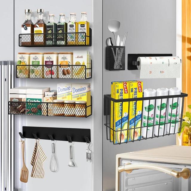 Magnetic Spice Rack for Refrigerator, 7 Pack Metal Magnetic Shelf , Moveable Magnetic Storage Fridge Organizer, Spice Organizer, Hook Rack, Paper Towel Holder, Utensils Holder, Cutting Board Holder