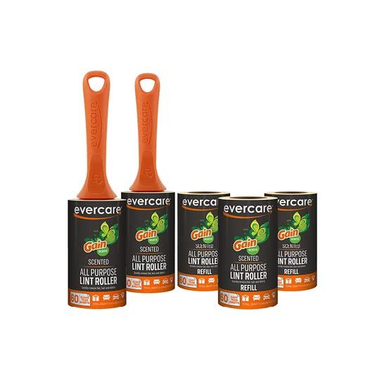 Evercare Gain Scented All-Purpose Lint Roller Value Pack with 2 Lint Rollers and 3 Refill Rolls, 60 Sheets Each