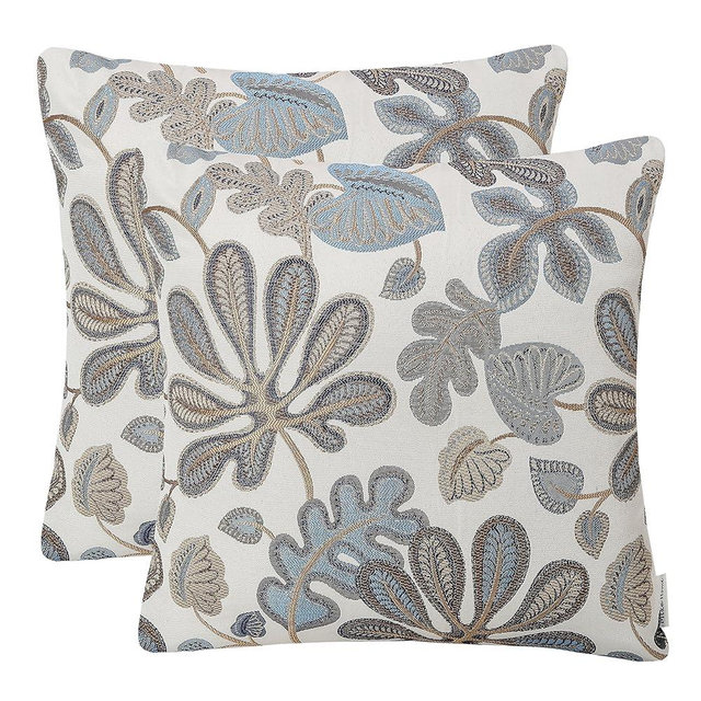 Mika Home Set of 2 Jacquard Tropical Leaf Pattern Throw Pillow Covers Decorative Pillowcase 22X22 Inches,Blue Cream