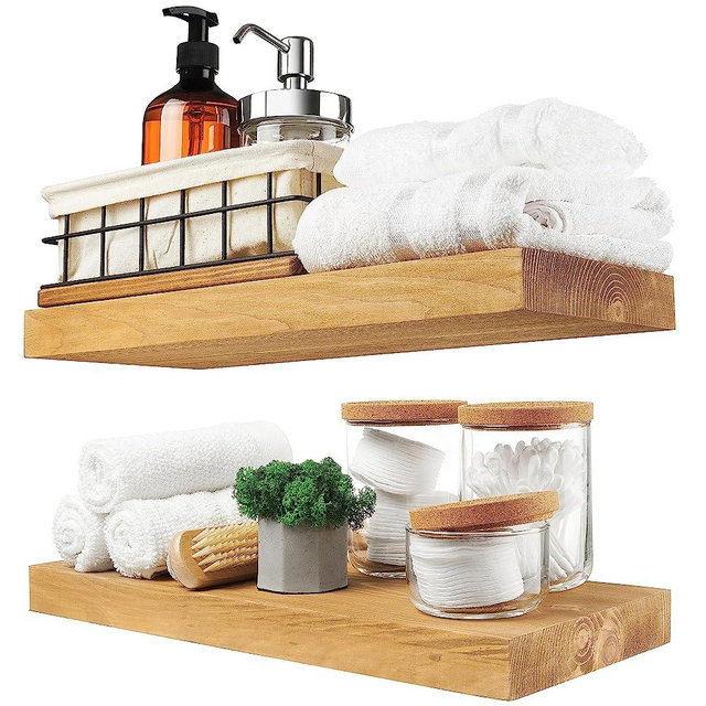 Floating Wood Shelves Set of 2 - Rustic Shelf 16 inch - Handcrafted in Europe - Wide Wooden Wall Shelves for Living Room Bedroom Kitchen Bathroom Farmhouse - Gold Oak Color - 16" x 6.7"