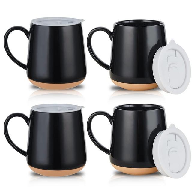 HVH Ceramic Coffee Mug with Lid, Ceramic Coffee Cups Set with Large Handle, 17oz Coffee Mugs Set of 4, Large Ceramic Mug with Lid for Tea, Coffee and More, Farmhouse Style (Black)