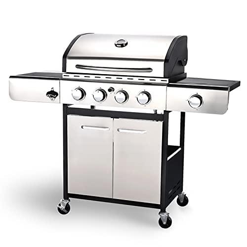 Rintuf Propane Gas Grill 4 Burner, 42000 btu Stainless Steel Gas Grill with Side Burner, Protected Cover and Bottle Opener, Perfect for Outdoor BBQ Cooking
