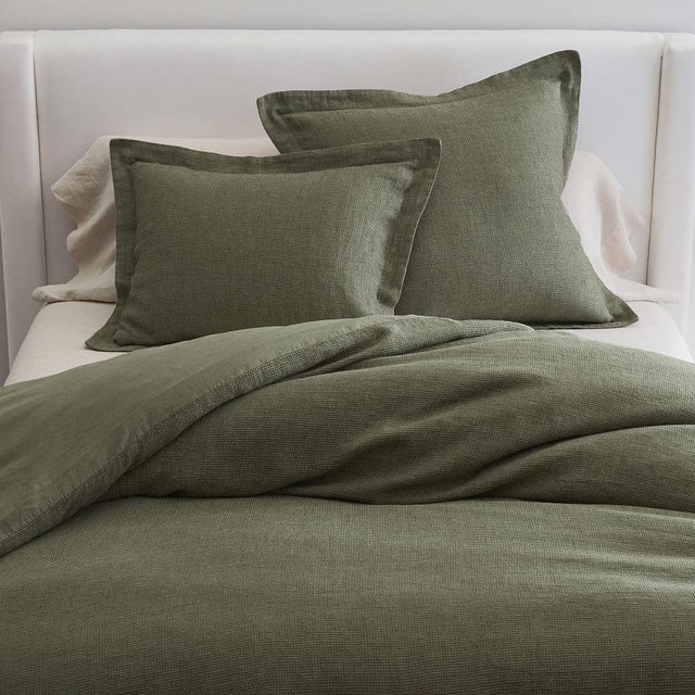 European Flax Linen Waffle Duvet, Loden, Twin/Twin XL