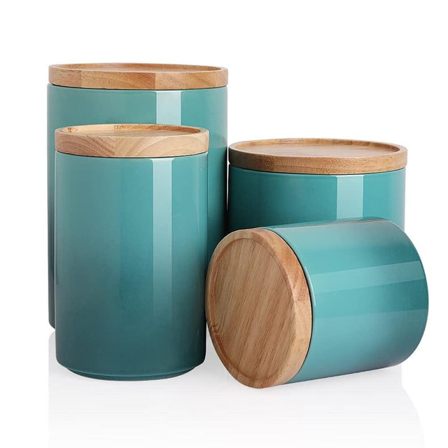 Sweejar Kitchen Canisters Ceramic Food Storage Jar Set, Stackable Containers with Airtight Seal Wooden Lid for Serving Ground Coffee, Tea, Herbs, Grains, Sugar, Salt - Set of 4 (Gradient Blue)
