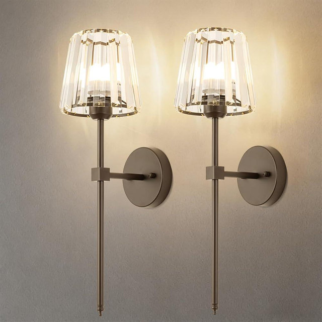 L.JUJAM Crystal Battery Operated Wall Sconces Set of 2, Brown Rechargeable Wireless Wall Lights with Crystal Lampshade, 12 RGB and 3CCT Dimmable Wall Lamps with Remote for Bedroom Living Room Hallway
