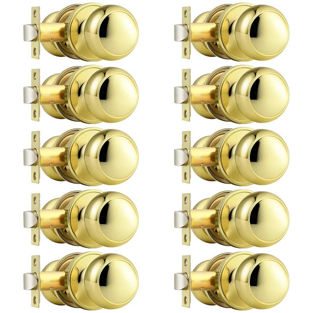 Probrico Passage Door Knobs Polished Brass Interior Hall/Closet Door Handles Keyless Locksets, 10 Pack