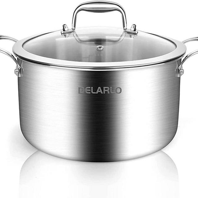 Stainless Steel Stock Pot Induction Ready - 5QT DELARLO Cooking Pot 18/8 Food Grade Tri-ply Stainless Steel, Durable Soup Pot Stew Simmering Pot with Glass Lid Suitable for All stoves, Dishwasher-Safe