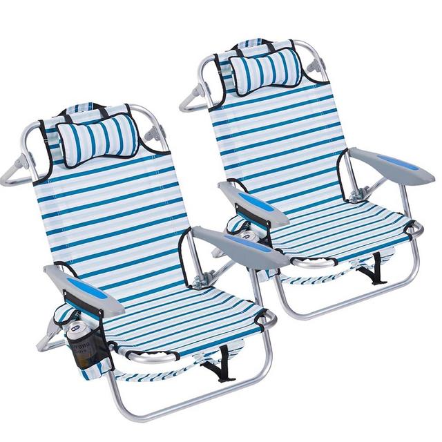 Canpsky 2 Pack Lightweight Portable Camping Beach Chair for Adults, Outdoor Lay Flat Folding Beach Chairs with 4 Positions, Backpack Beach Chair with Towel Bar, Cooler Pouch, Cup Holder, White Striped