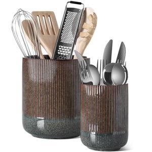 LE TAUCI Utensil Holder for Kitchen Counter, 7.3"+5.4" Fluted Ceramic Utensil Crock Organizer for Countertop, Heavy Large Holder for Spatulas, Spoons, Set of 2, Olive Brown Marble