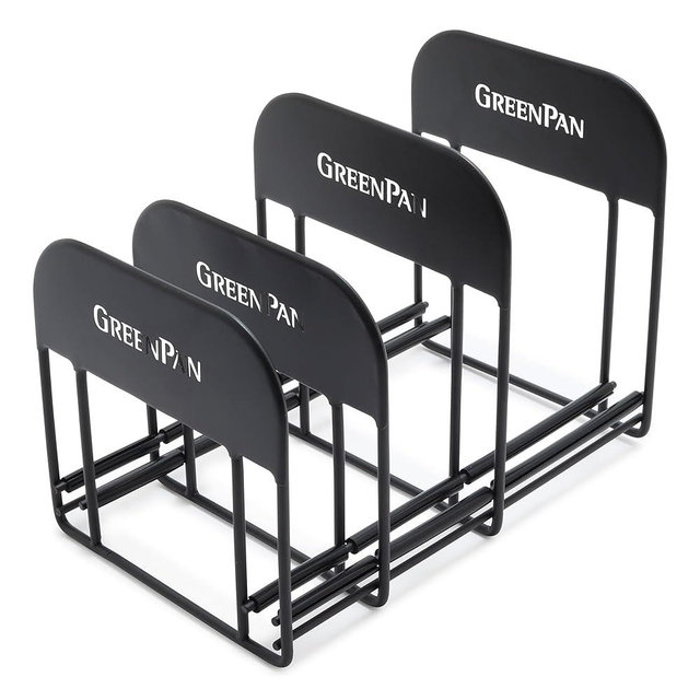 GreenPan Stainless Steel Wire Cookware Storage Rack, 5 Frying Pan Compartments, Countertop or Cabinent Organizer, Minimizes Clutter, Fast Drying, Wipes Clean, Black