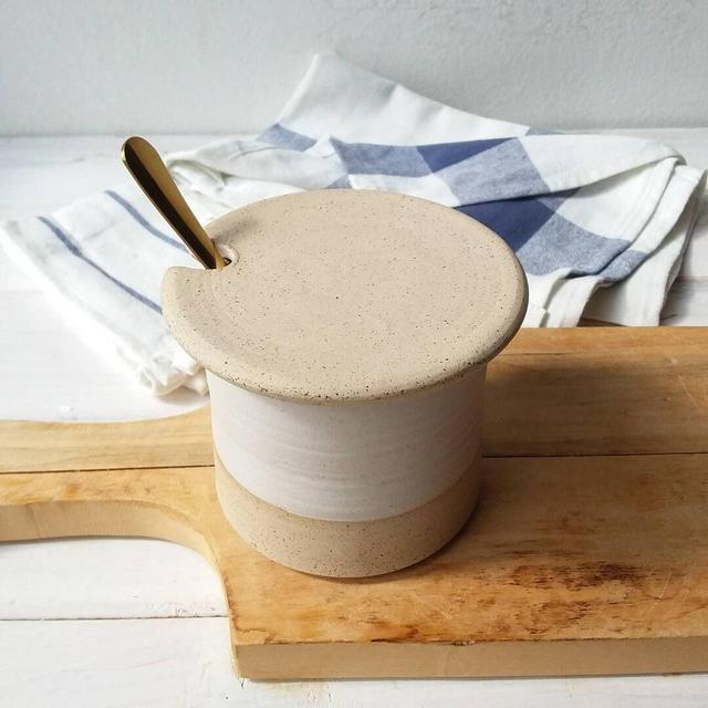 Ceramic Honey Pot, Ceramic Storage Jar, White Condiment Jar, Stoneware Sugar Bowl, Lidded Pottery Container, Beige Jar With Lid