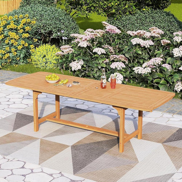 PHI VILLA Outdoor Acacia Wood Dining Table for 6-8, Large Extendable Rectangular Teak Table with Umbrella Hole, Farmhouse Outside Furniture for Patio, Deck, Porch, Yard