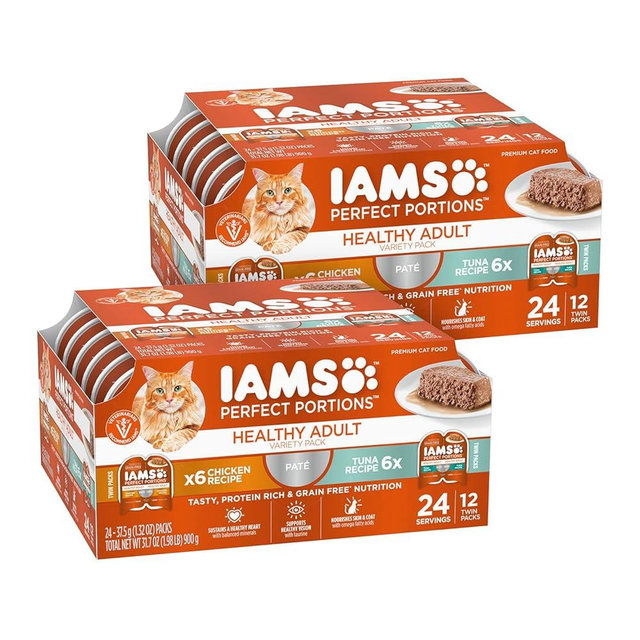 IAMS PERFECT PORTIONS Healthy Adult Grain Free Wet Cat Food Pate Variety Pack, Chicken Recipe and Tuna Recipe, (12) 2.6 oz. Easy Peel Twin-Pack Trays, 24 Total Packs