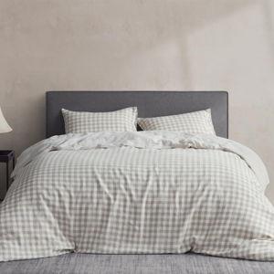 DAPU Linen Duvet Cover King, Gingham Check Plaid 100% Washed Linen Bedding with Zipper Closure, 3 PCs Hypoallergenic Soft Duvet Cover Set, Geometric Checkered Pattern in Beige & White, King Size