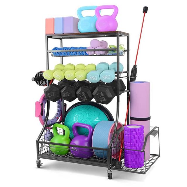 Yoga Mat Storage Rack - Home Gym Storage Rack, Workout Equipment Storage Rack for Dumbbells Yoga Mats Foam Rollers Kettlebells, Weight Rack with Hooks and Wheels