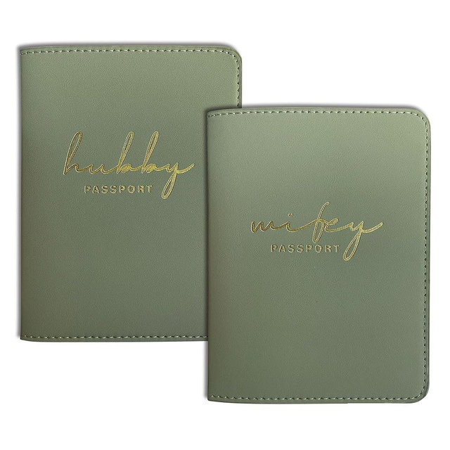 Mr&Mrs Gifts Matching Passport Covers for Bride and Groom, Hubby&Wifey Gold Foil Logo, Dual PU Leather with Card Pockets, Honeymoon Travel Essentials Gift for Newlyweds(HW Sage Green)