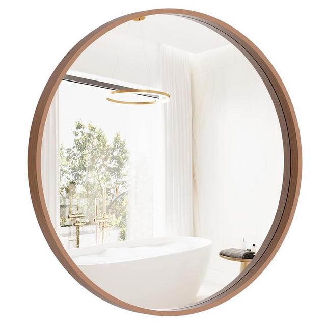 HOMECOOKIN Round Wood Mirror, 24" Round Bathroom Wall Mirror Circle Mirrors for Wall Decor, Vanity, Living Room, Bedroom, Entryway, Walnut