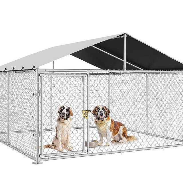 DWVO 10'x10' Large Outdoor Dog Kennel with Roof, Dog Pens Outside with Metal Dog Gate, Dog House Large Dogs for Yard