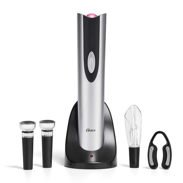 Oster 4-in-1 Wine Savoring Experience with Cordless Electric Wine Opener | Wine Kit with Rechargeable Wine Bottle Opener, Wine Pourer, Vacuum Wine Stoppers, and Foil Cutter, Black