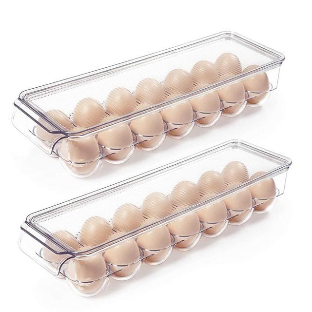 Vtopmart Egg Holder for Refrigerator 2 Pack, Plastic Egg Storage Container for Fridge, Clear Refrigerator Organizer Bins with Lids, Stackable Tray Holds 14 Eggs