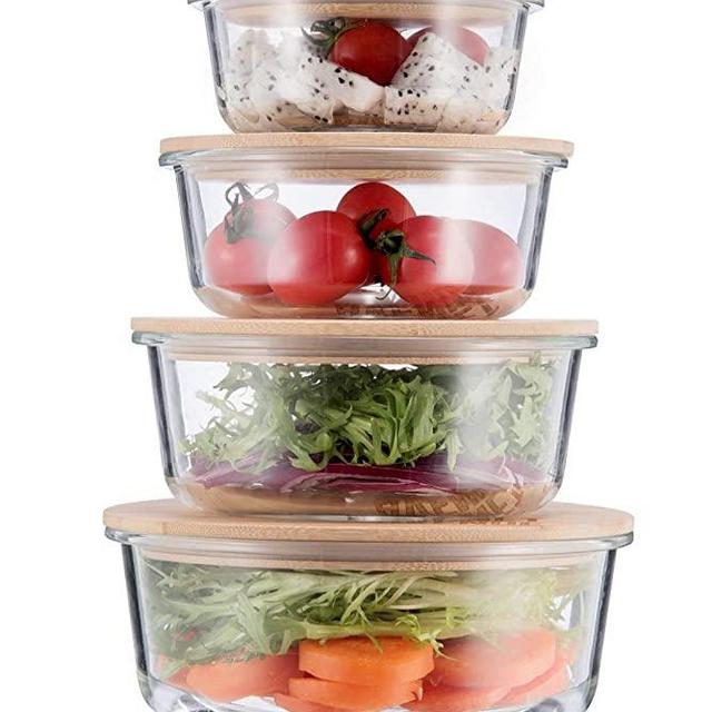 Glass Container with Bamboo Lid, Ecofriendly and Air Tight Wood Lid PLANET AVENUE 4-Piece Glass Food Container for Liquids, Cereals and Other Substances (ROUND)