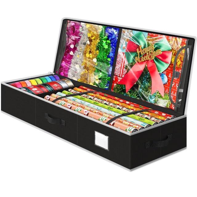 BlessedSeason Wrapping Paper Storage Organizer for 40 Inch Christmas Gifts Wrapping Paper, 2 Visible Supplies Pockets for Holiday Accessories, Christmas Decoration Storage Containers, Black