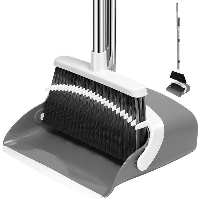 NACENA Broom and Dustpan Set, 52-in Long Adjustable Handle Broom Dustpan Combo with Dustpan Teeth to Automatically Clean Hair Suitable for Home Kitchen Office Hall Floor(Grey&White)