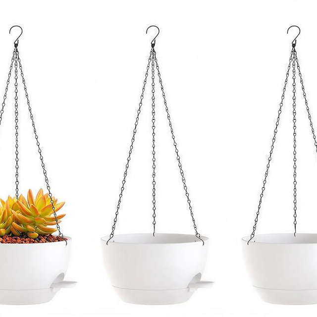 XQSHPDM Hanging Planters, 3-Pack 10 Inch Self-Watering Pots with Drainage Holes and Chains, Matte Plastic Planters for Indoor/Outdoor Plant（White）