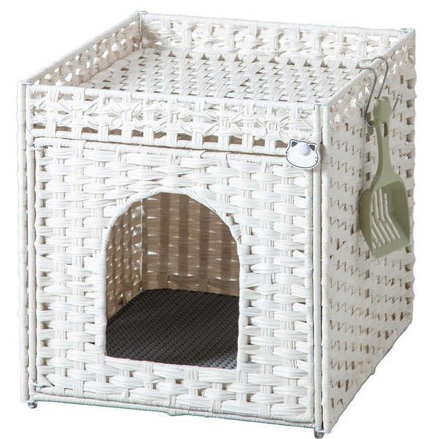 SETVSON Cat Litter Box Enclosure Furniture, Hidden Litter Box with Mat and Fence, Handwoven Rattan Cat House with Two S-Shaped Hooks for Living Room, Bedroom, 18.5 x 20.5 x 19.1 Inches (White