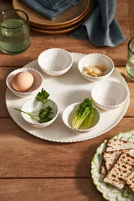 Scalloped Ceramic Seder Set, Ivory