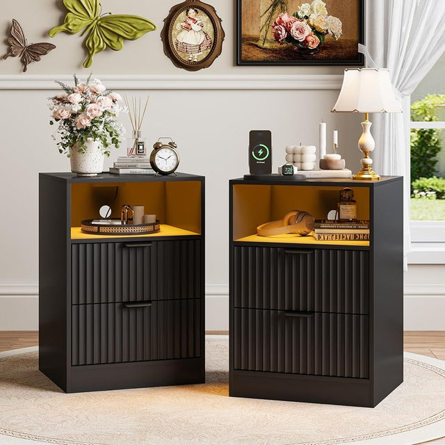 yesasin Black Night Stand Set 2, LED Nightstand with Charging Station,Wood Side Table Living Room,Fluted NightStands with 2 Drawers, End & Bedside Tables for Bedroom Sofa Office