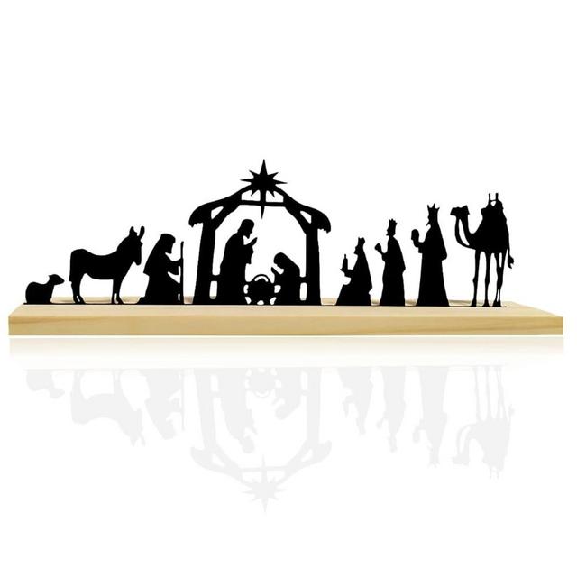 Akulgaci Metal Nativity Set Christmas Decorations Black Metal Nativity Scene with Wooden Base for Xmas Holiday Home Indoor Mantel Table Shelf Decor Tabletop Office Decor