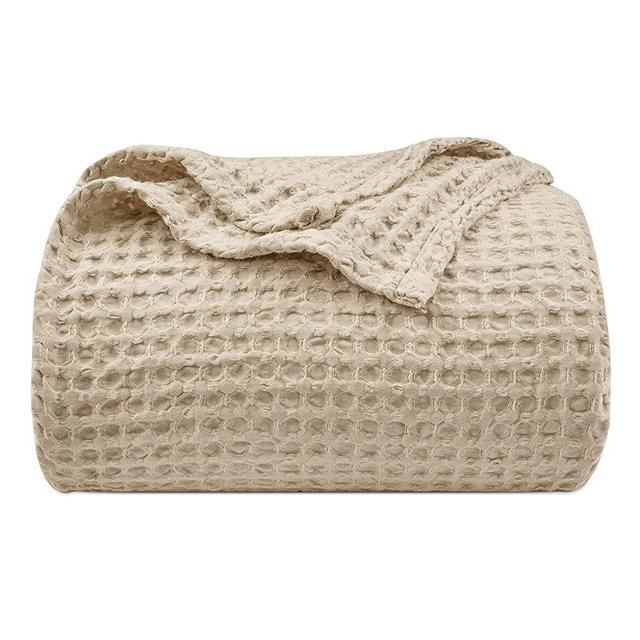 PHF Ultra Soft Waffle Weave Blanket Queen Size 90"x 90"- Washed Lightweight Breathable Cozy Woven Blanket for All Season - Great for Couch Bed Sofa Home Car - Khaki