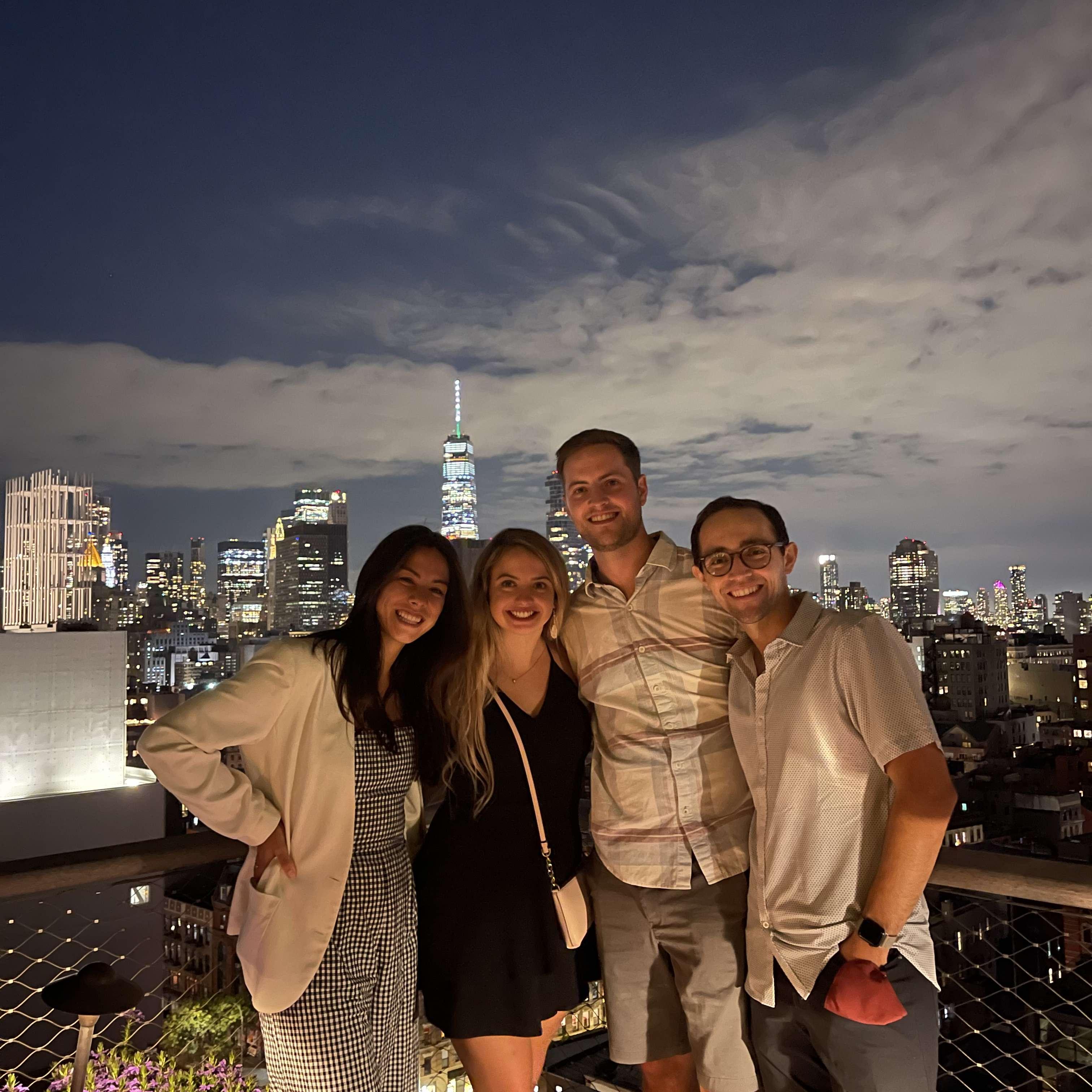 Rooftop patio over looking NYC at the hotel we stayed at for our engagement! Pictured from left to right: Rachel Sarah Corbin Mike