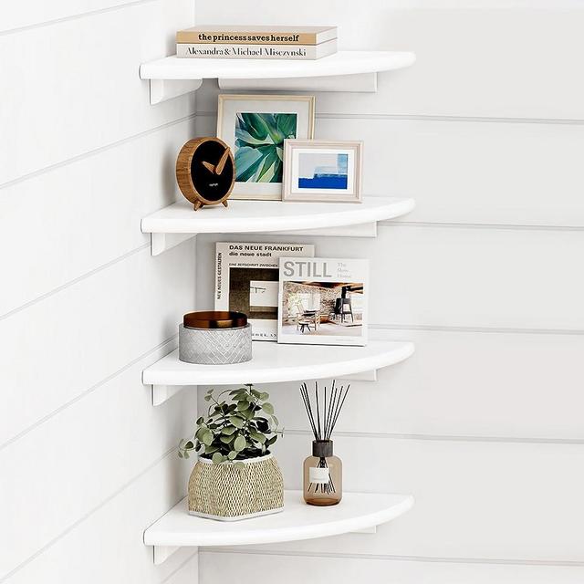 White Corner Floating Shelves for Wall Set of 4, Rounded Corner Shelves Wall Mounted for Kids Bedroom Books, Cute Wood Hanging Corner Shelf for Living Room Decor, Bathroom, Office, Small Spaces