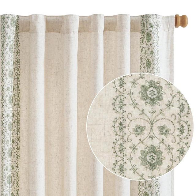 jinchan Boho Lined Linen Curtains for Living Room Sage Green Vintage Floral Spring Farmhouse Curtains 108 Inches Long Linen Blend Drapes for Bedroom Embroidered Extra Long Drapes Sage 2 Panels