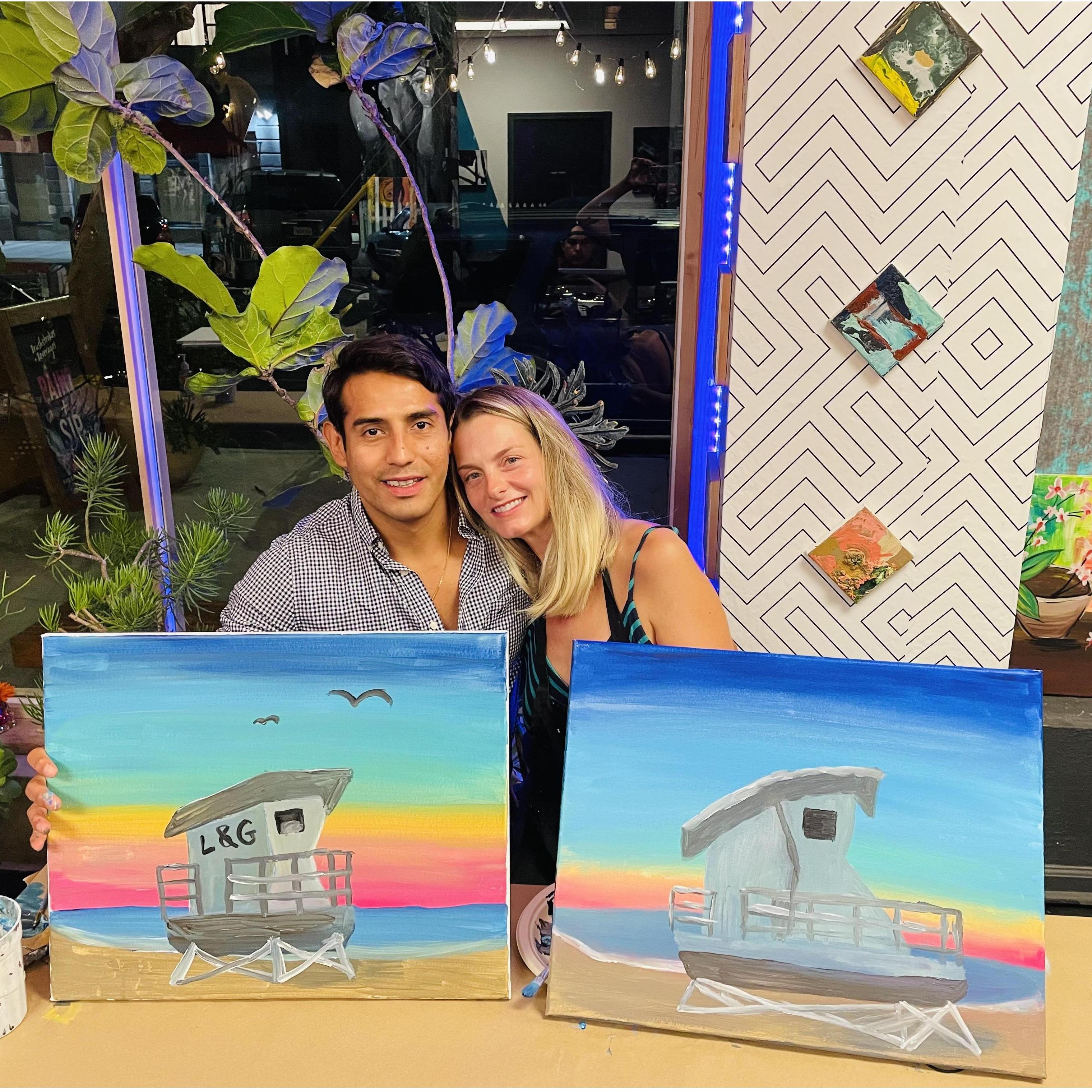 Our first wine and paint night. Yes, we drank a whole bottle of red wine together!