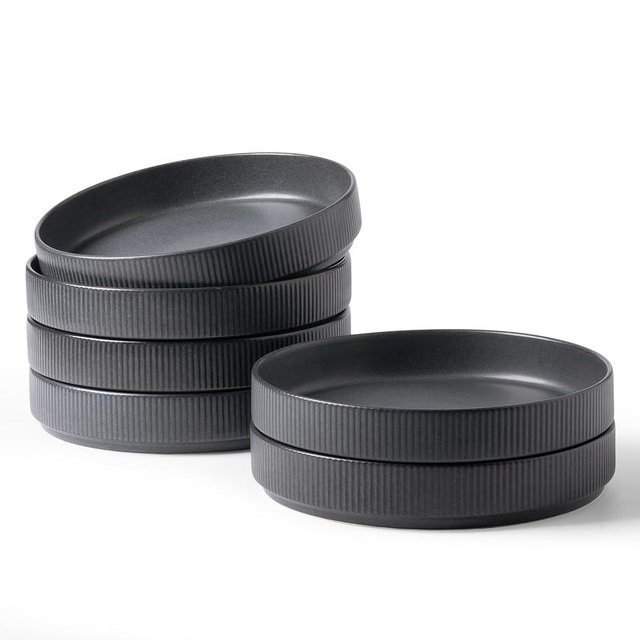 famiware Star 8.25" Pasta Bowls, Large Dinner Bowls Set of 6, Salad Bowl Plates, Shallow Bowls for Eating, Matte Dark Charcoal (Full Glaze)