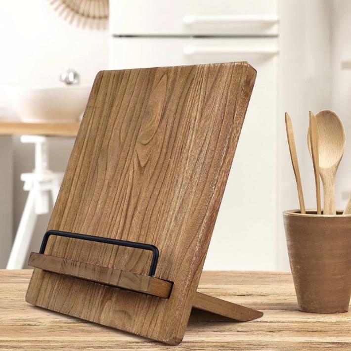 Cookbook Stand - Wood Cookbook Holder, Cutting Board Cookbook Recipe Holder with The Adjustable Pull-Out Stand (Brown)