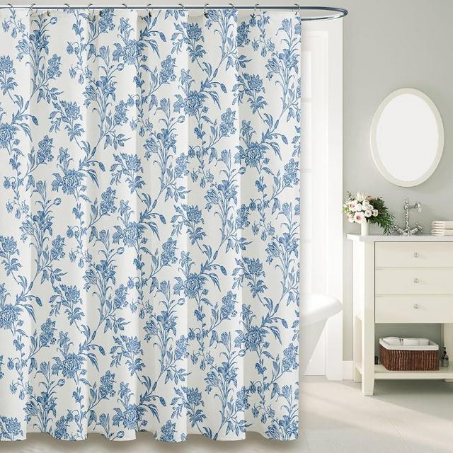 Blue Shower Curtain Floral Cotton Cottagecore Shower Curtain for Bathroom 72" W x 72" L