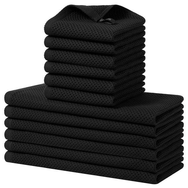 Kitinjoy 100% Cotton Kitchen Towels and Dishcloths Set, 12 Pack-13" x 28" and 12" x 12" Waffle Weave Dish Towels, Ultra Soft Absorbent Quick Drying Dish Rags, Black