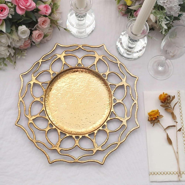 Efavormart 6 Pack | 13" Gold Floral Cutout Acrylic Charger Plates, Hollow Flower Decorative Plastic Serving Plates